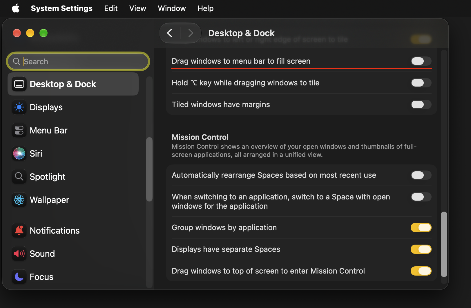 Drag windows to menu bar to fill screen