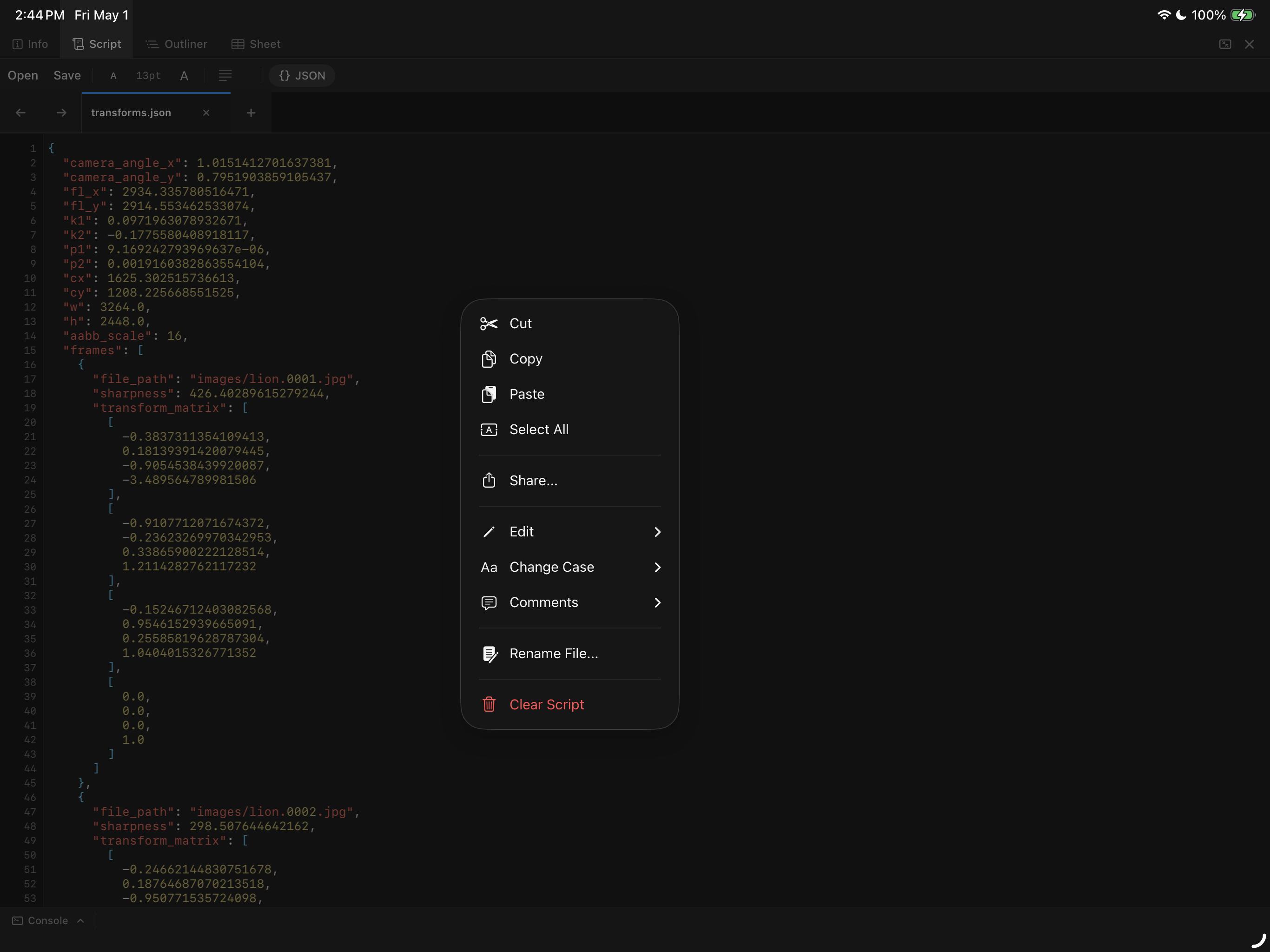 script panel context menu 