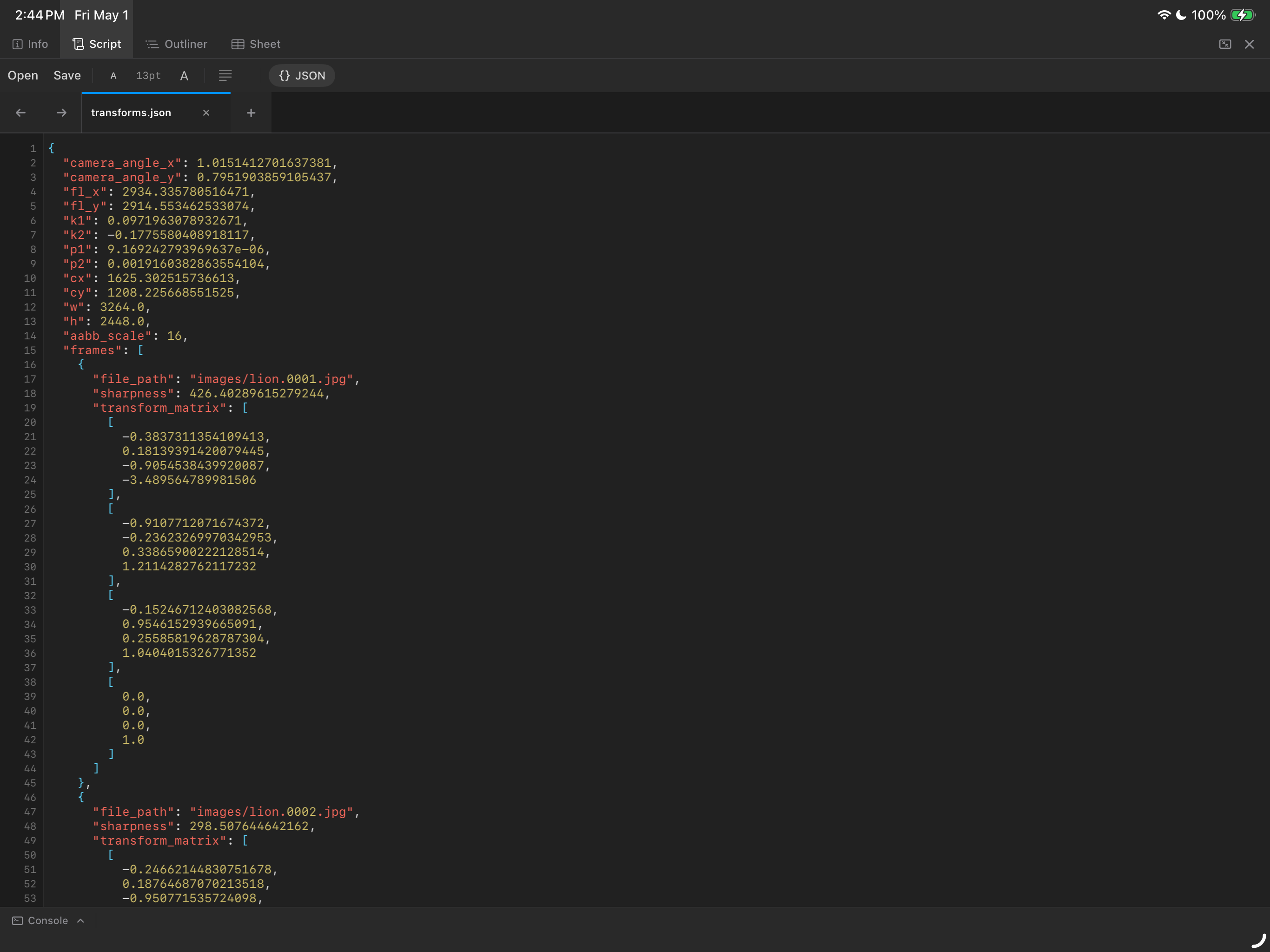 script panel json