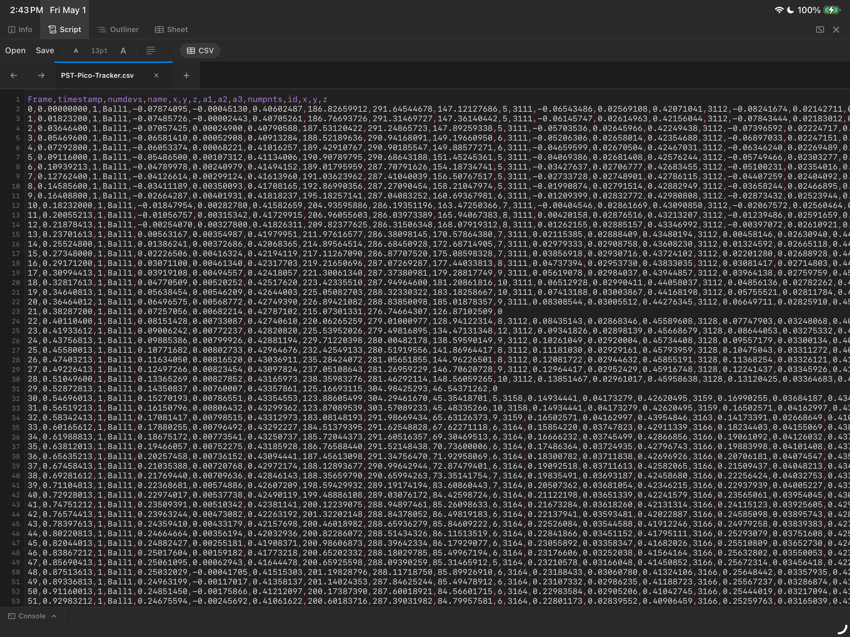script panel maximized wtih CSV