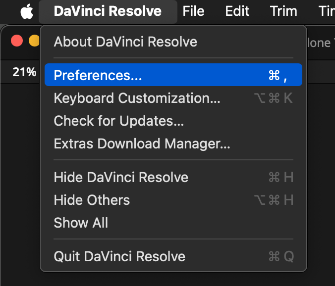 Resolve Preferences Menu