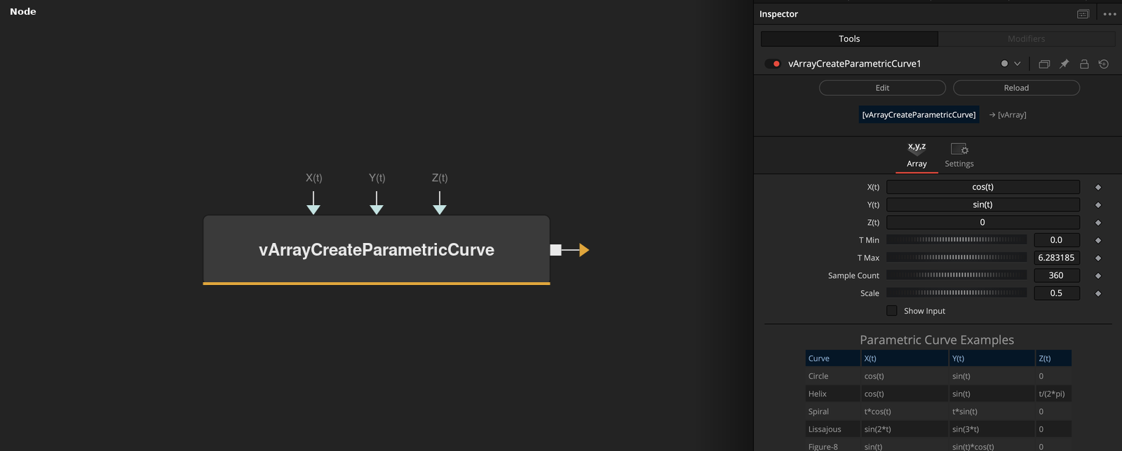 vArrayCreateParametricCurve node