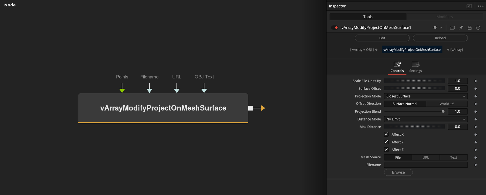 vArrayModifyProjectOnMeshSurface node