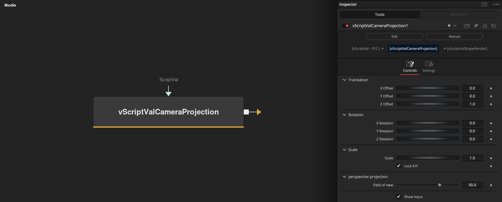 vScriptValCameraProjection node