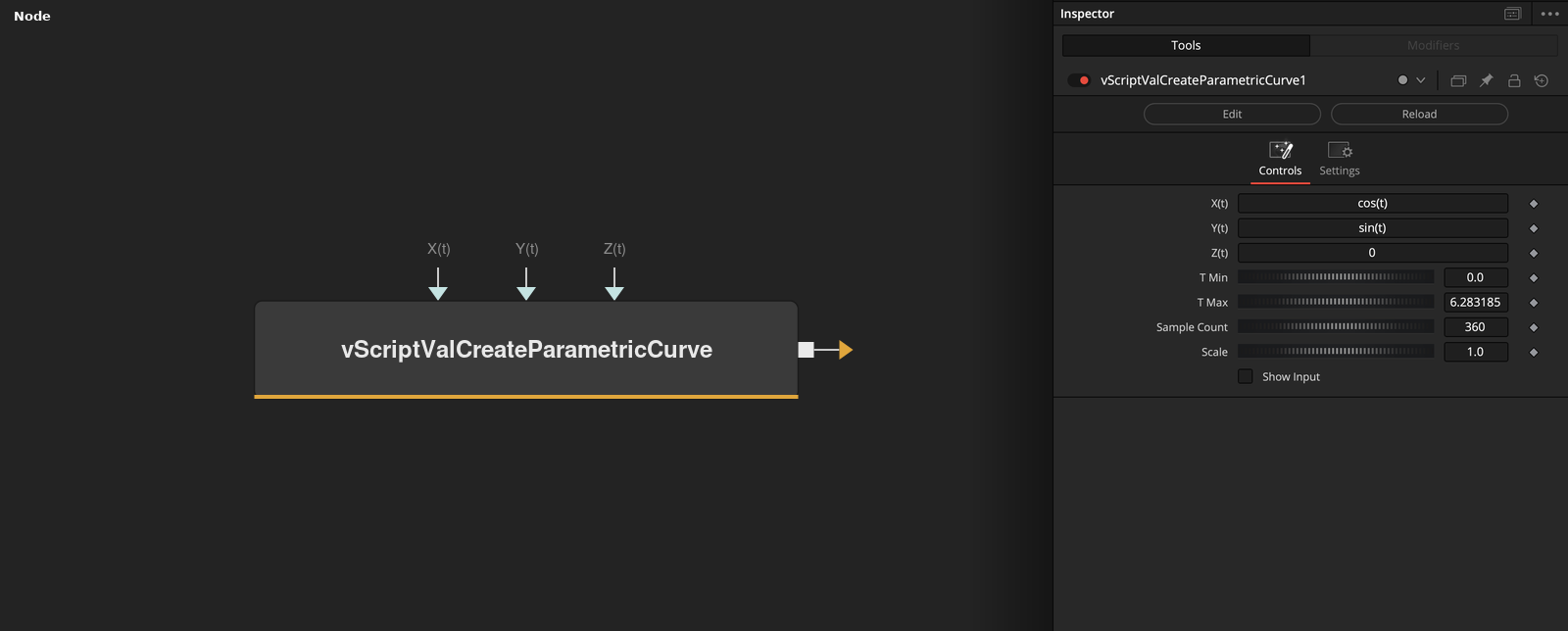 vScriptValCreateParametricCurve node