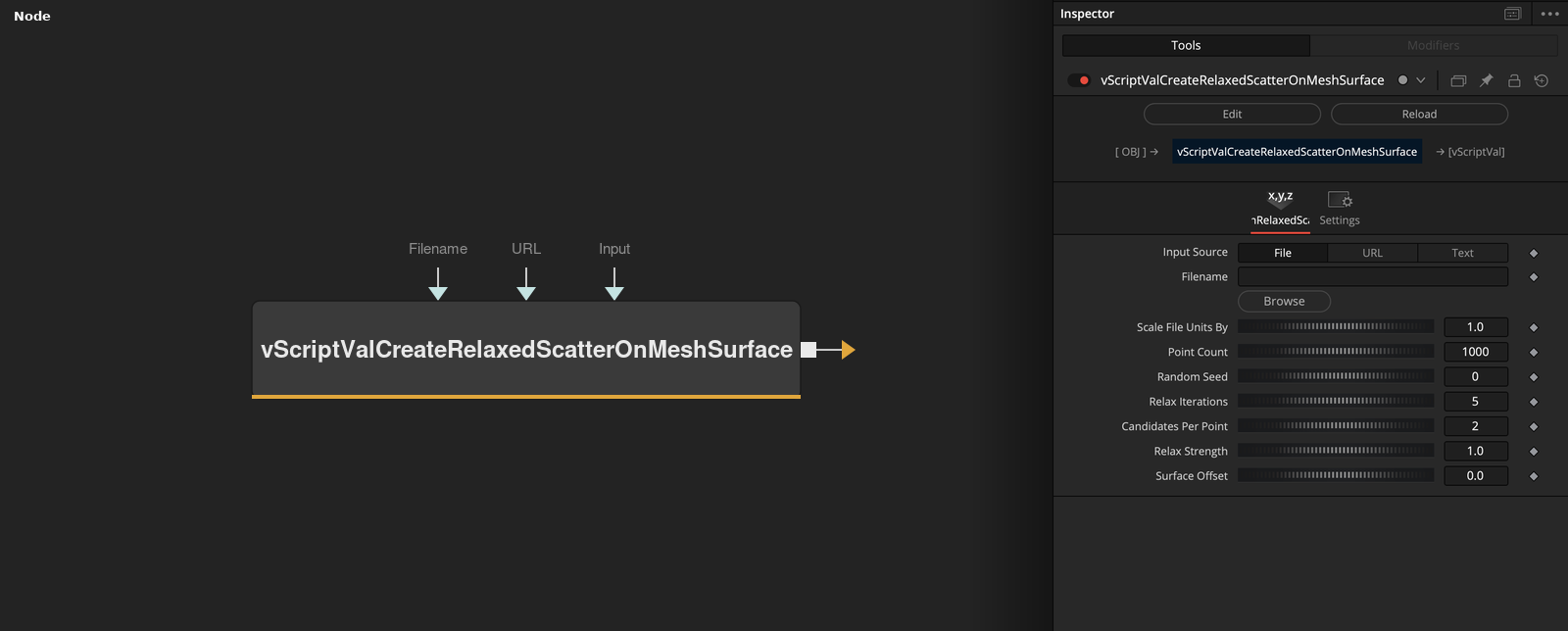 vScriptValCreateRelaxedScatterOnMeshSurface node