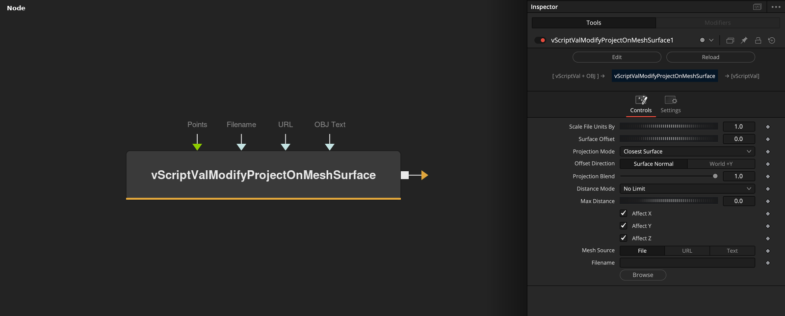 vScriptValModifyProjectOnMeshSurface node