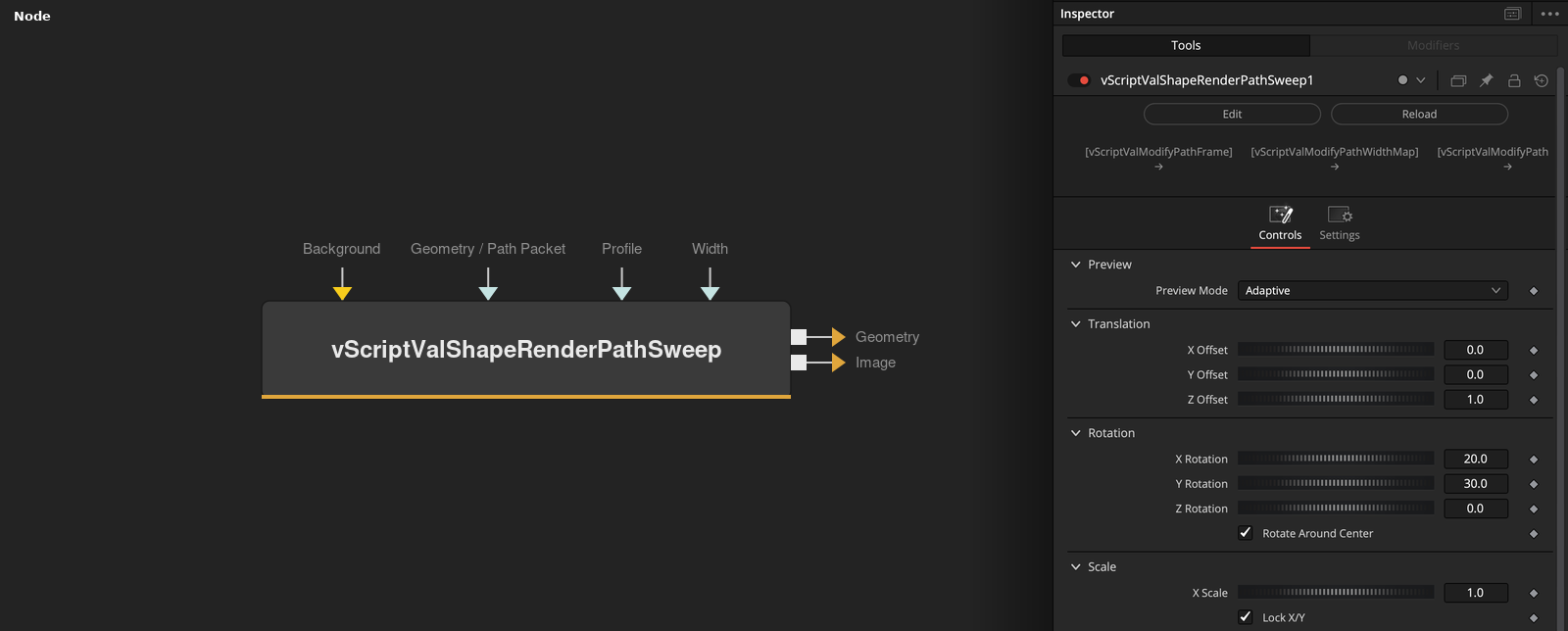 vScriptValShapeRenderPathSweep node